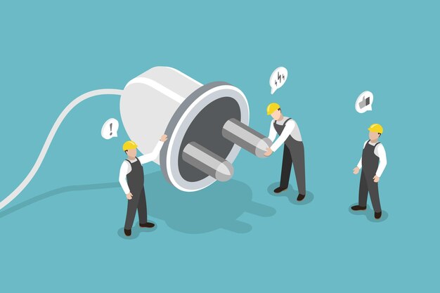 D isometric flat vector illustration of eectricity repair expert occupation sustainable energy
