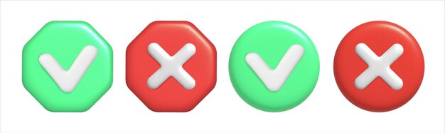 D rendering of green check mark and red cross with round and hexagonal shape vector illustration of