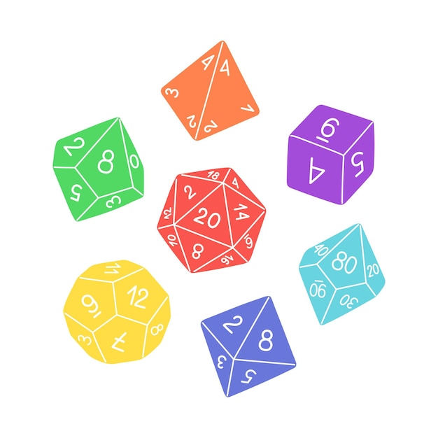 D4 D6 D8 D10 D12 and D20 Dice for Board games, dnd dices set. RPG dice for table game. Vector