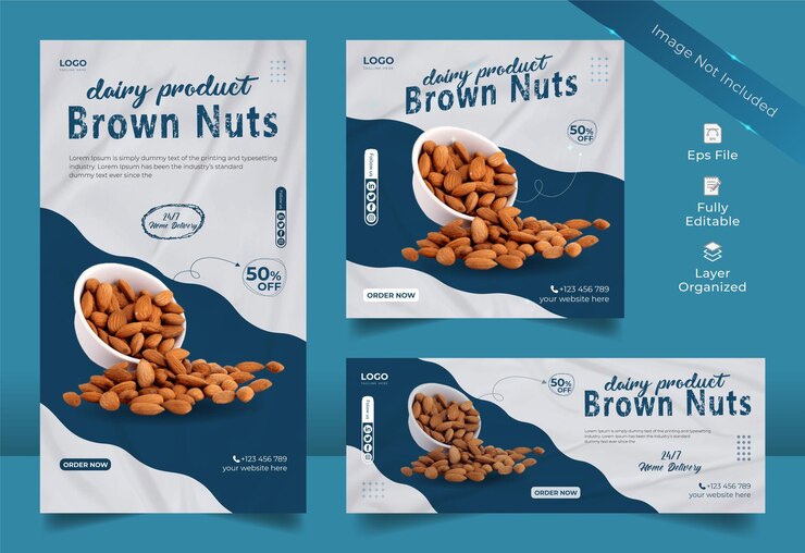 Vector dairy products nuts social media post design with instagram story and facebook cover template