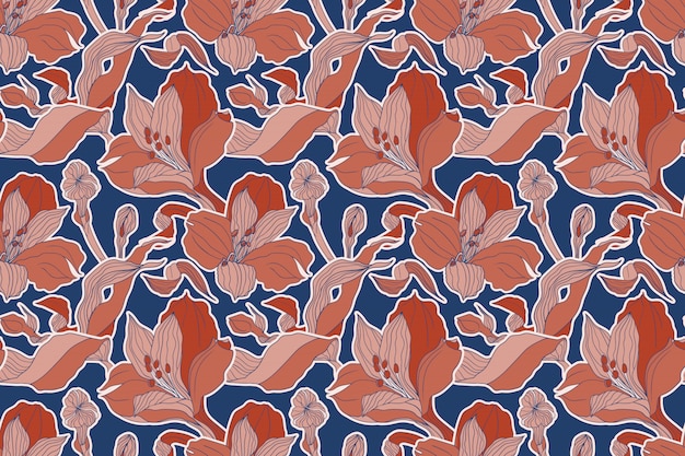 dark blue anr terracotta seamless pattern with high detalised alstroemeria buds and flowers
