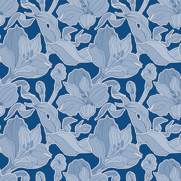 dark blue seamless pattern with high detalised alstroemeria buds and flowers