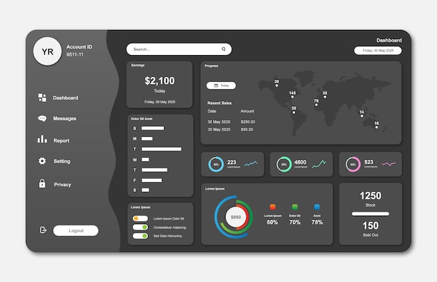 Dark Dashboard UI with Financial Data Visualization