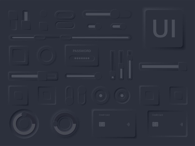 Dark neumorphism User interface design kit. Neumorphism UI UX icons set. User interface elements for apps. Neumorphic buttons collection. Vector graphic. EPS 10