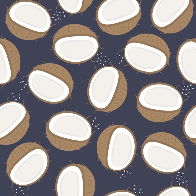 dark seamless pattern with halves of coconuts on a blue background