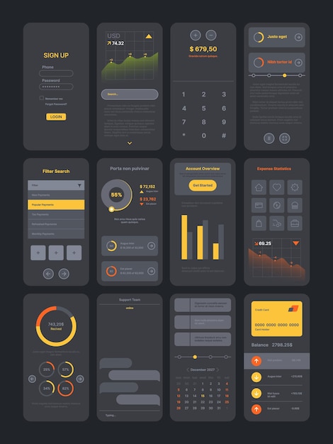 dark theme ui kit digital modern interface app pages templates with various icons symbols frames preview search bars dividers and sliders garish vector user infographics