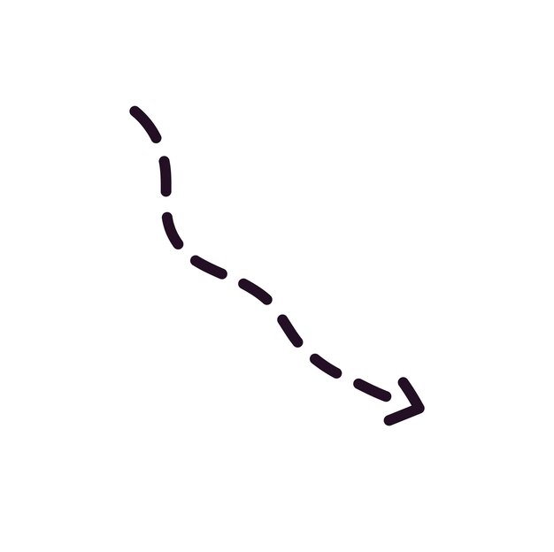 Dashed curve with cursor showing route Wavy dot line with arrow pointing direction Doodle way pointer guides path Curvy geometric shape sign of move Flat isolated vector illustration on white