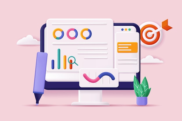 Data analysis concept 3D illustration Icon composition with statistics on charts and diagrams at site interface Business strategy development and targeting Vector illustration for modern web design