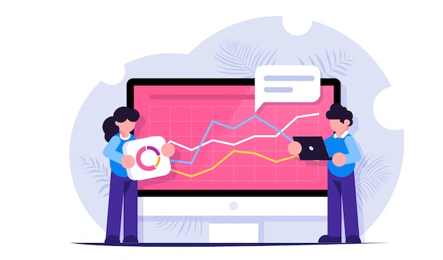 data analysis concept. big data. people build a dashboard and interact with graphs. man and woman analyze information