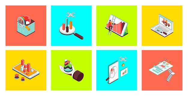 Data analysis concept of 3d isometric icons set Pack with statistics research bar charts marketing report with diagram and graph database computing analytics and statistics Vector illustration