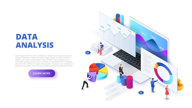 Data analysis design concept with people and laptop Isometric vector illustration