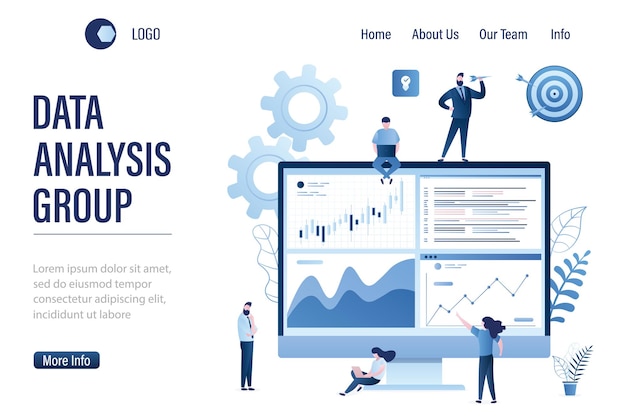 Data analysis group landing page template Team of statistical analysts or businesspeople information