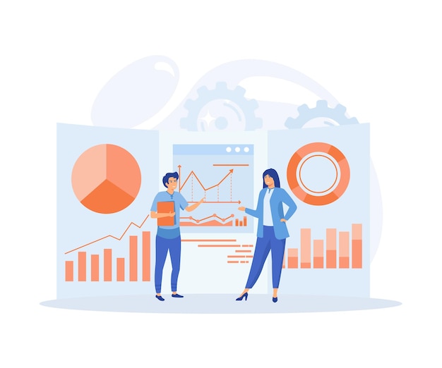 data analyst office workers are studying the info graphic the analysis of the evolutionary scale flat vector modern illustration