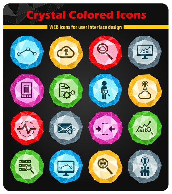 data analytic icons on bright colored buttons crystals