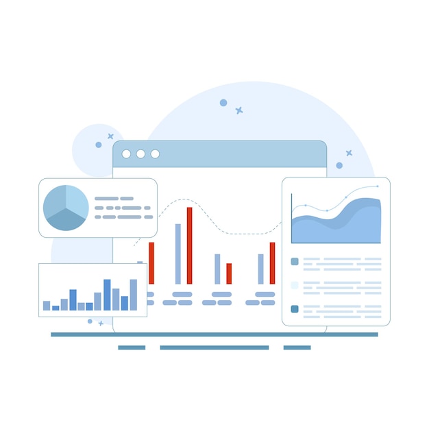 data analytics concept with bar pie and curve charts on computer screen in flat outline style