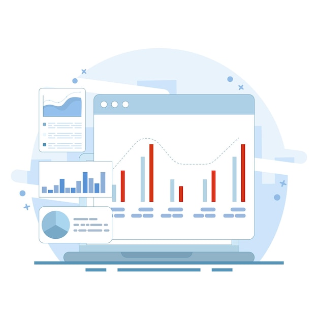 data analytics concept with bar pie and curve charts on computer screen in flat outline style