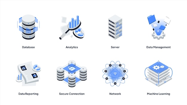 Data analytics isometric icon illustration set Big data analysis technology symbol Containing Data Management Network Analytics Data Reporting Machine Learning Server Secure Connection and Database
