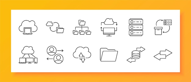 Data and file storage set icon Cloud laptop folder sync file hierarchy cloud upload server rack database sharing user sync data transfer folder storage bin bidirectional transfer