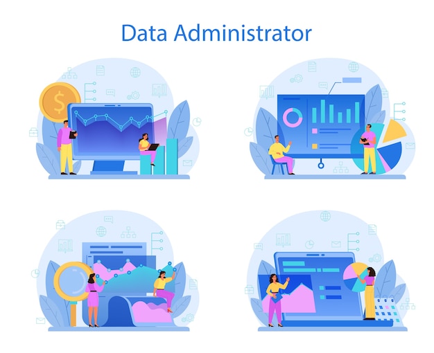 Data base administrator concept set. Female and male character working at data center.