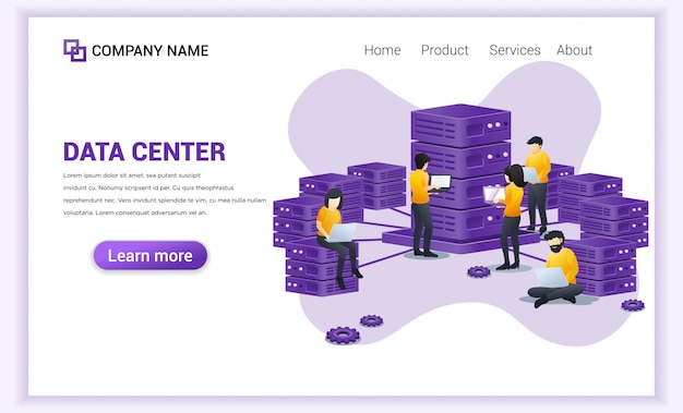 Data center concept with people working on laptop