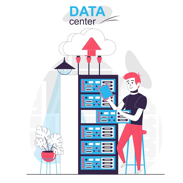 Data center isolated cartoon concept engineer work at server rack room cloud technology