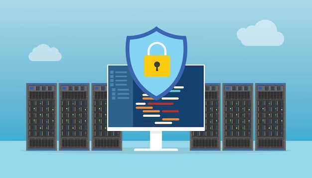 Data center security concept with server rack and programming secure sign with modern flat style