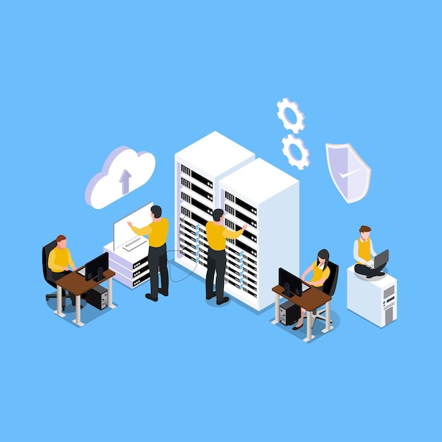 data center system administrator and security isometric 3d