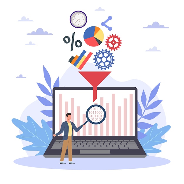 data filter content analysis management for digital file collection system man studying computer system information filtering and analysis vector cartoon flat database concept