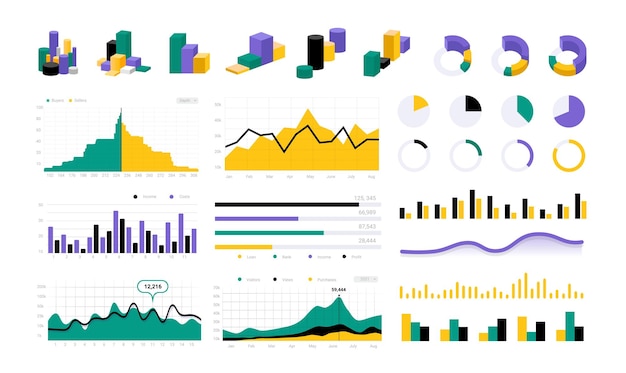 Data infographic Statistic charts Graphic progress bars and diagrams Business presentation elements Visualization indicators with circles and columns graphs vector isolated set