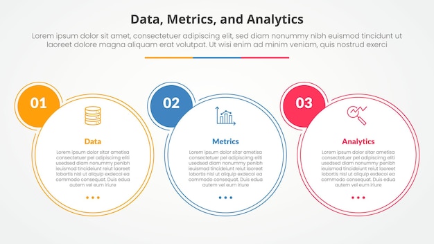 data metrics and analytics infographic concept for slide presentation with big circle outline and badge on right with 3 point list with flat style