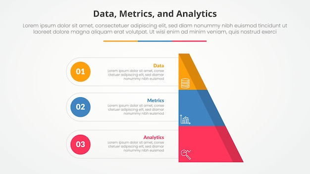 data metrics and analytics infographic concept for slide presentation with half slice pyramid with circle point with 3 point list with flat style