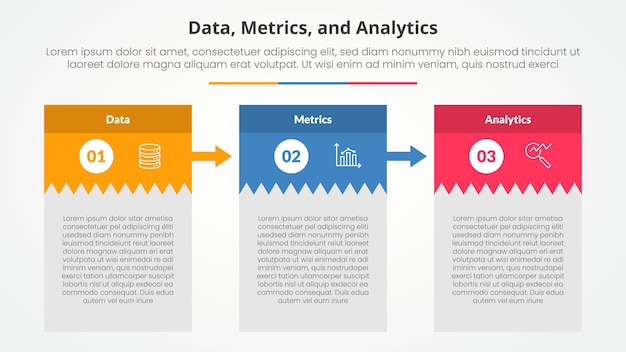 Data metrics and analytics infographic concept for slide presentation with rectangle arrow stack with 3 point list with flat style