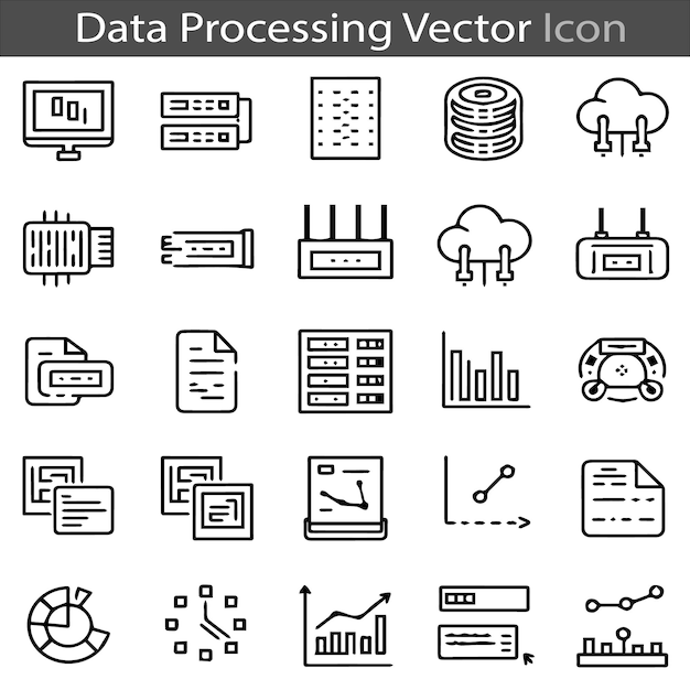 Data Processing flat outline icon collection set vector illustration