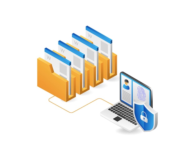 Data protection isometric concept with folder and laptop on white background vector illustration