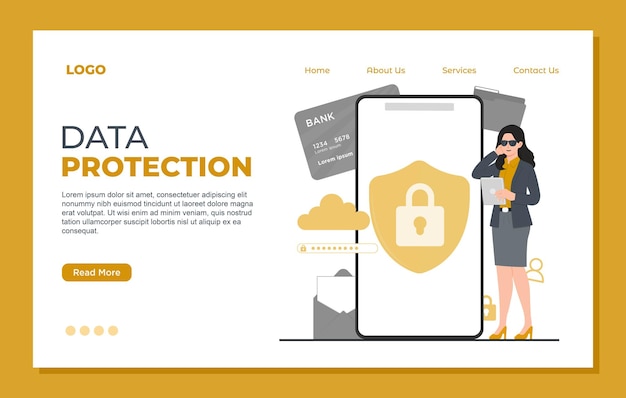 data protection landing page template cyber security concept vector flat illustration