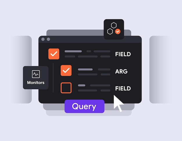 Data query interface with field selection and monitoring panel for analytics visualization