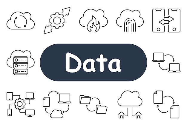 data set icon cloud sync gear fire in cloud fingerprint server device transfer file exchange folders and home cloud suitable for data storage transfer and security