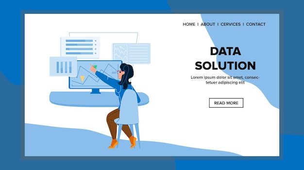 data solution technology. information analysis. digital database. web computer cloud character web flat cartoon illustration