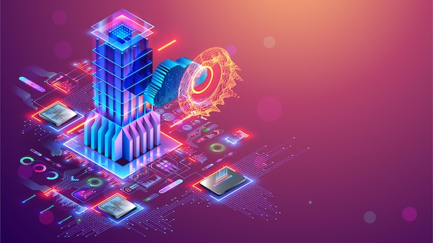 Data storage cloud computing computer networks communications conceptual banner Database in image skyscraper Digital hardware and electronics technology conceptual banner Cloud internet storage