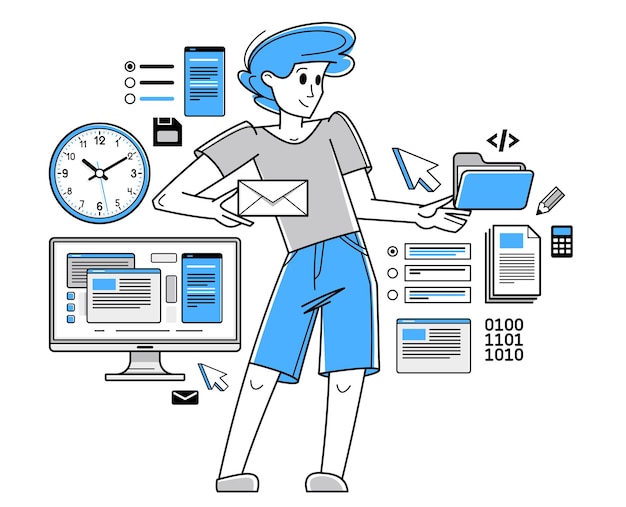 Data systematization collecting and analyzing information intellectual worker making analysis of some data on pc or web vector outline illustration
