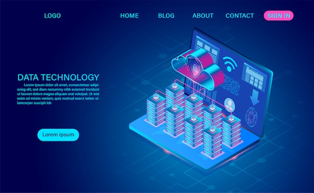 Data technology and cloud computing on computer concept. protects data from thefts data and hacker attacks. isometric flat design. Vector illustration