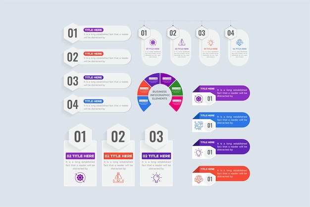 Data visualization and segments design set vectors with colorful shapes Modern graph chart infographic design collection for office presentations Business infographic flow chart and pie chart bundle