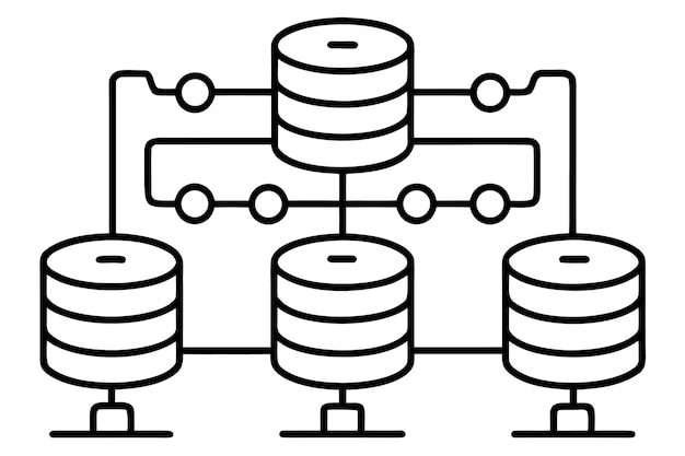 Database architecture with stacked cylinders and circular nodes connected by lines server network
