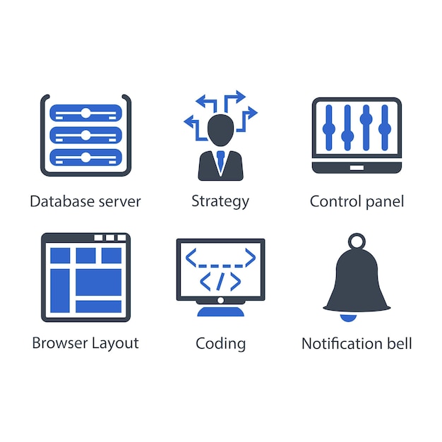 Database server Strategy Control panel Browser Layout Coding Notification bell icon