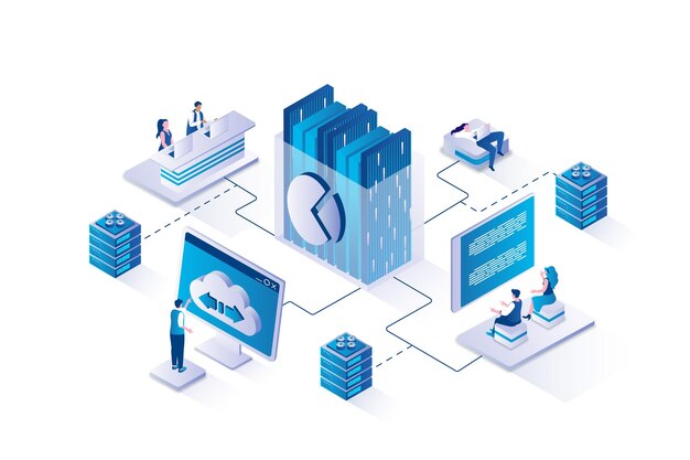 Datacenter technology 3d isometric concept with isometry people design for web People analyzing big data and working with cloud technologies processing and computing statistics Vector illustration