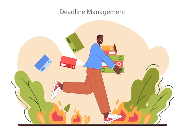 Deadline management skill Office character with burning work time hours