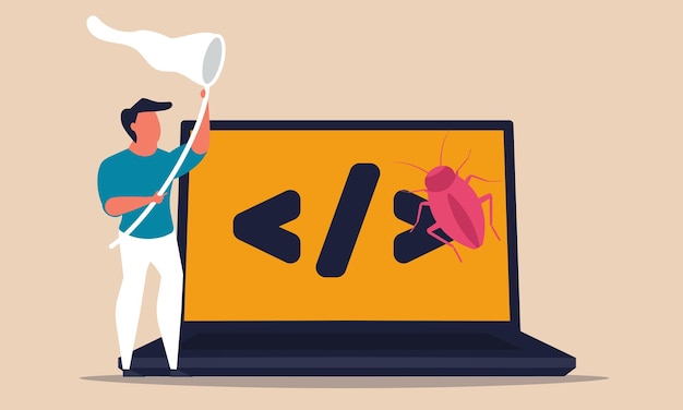Debugging code software and search bug error from screen laptop Source datum testing and fixing
