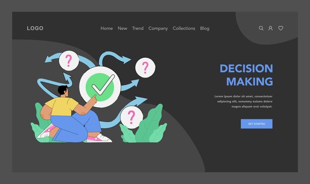 Decision making concept contemplative person navigating choices symbolized by arrows and question