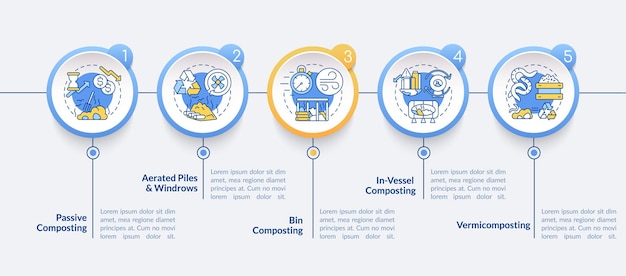 Decomposition  infographic template. Passive and bin composting presentation design elements. Data visualization with 5 steps. Process timeline chart. Workflow layout with linear icons