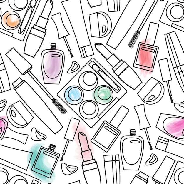 Decorative cosmetics outline and color seamless pattern